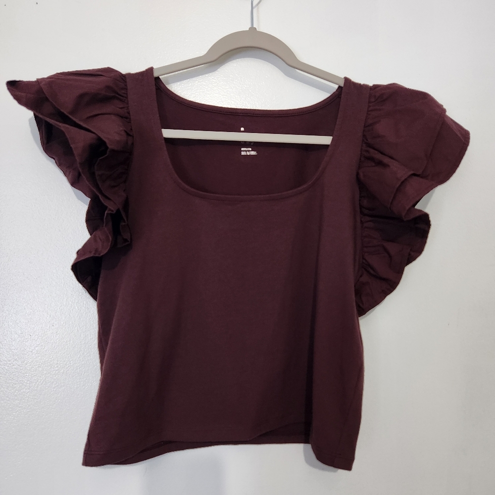 A New Day Medium Brown Knit Top Mixed Media Woven Ruffle Sleeve M